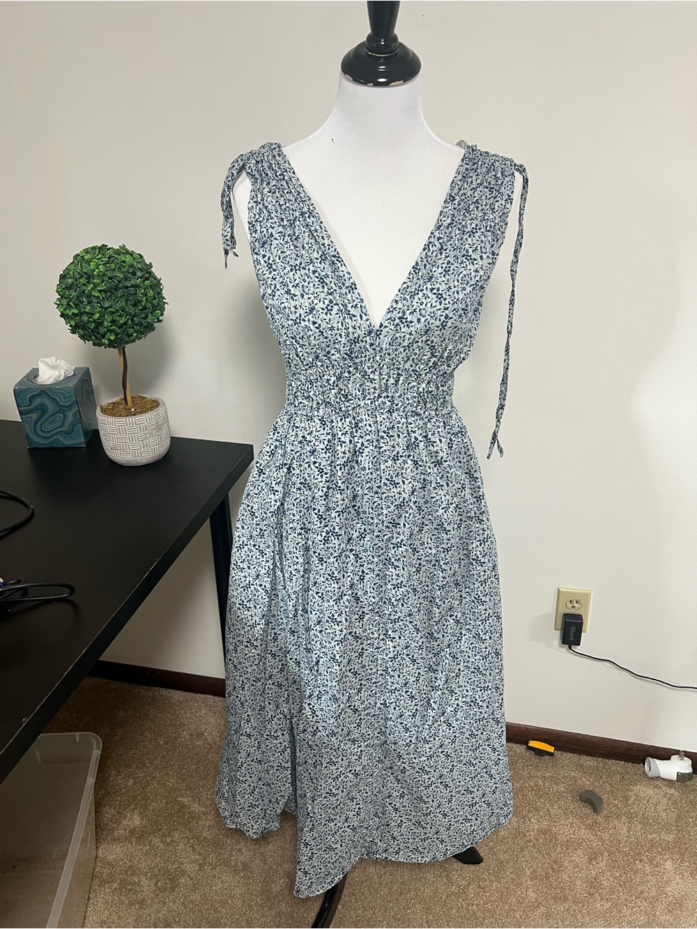 Madewell Blue Floral Maxi Dress with Tie Shoulders